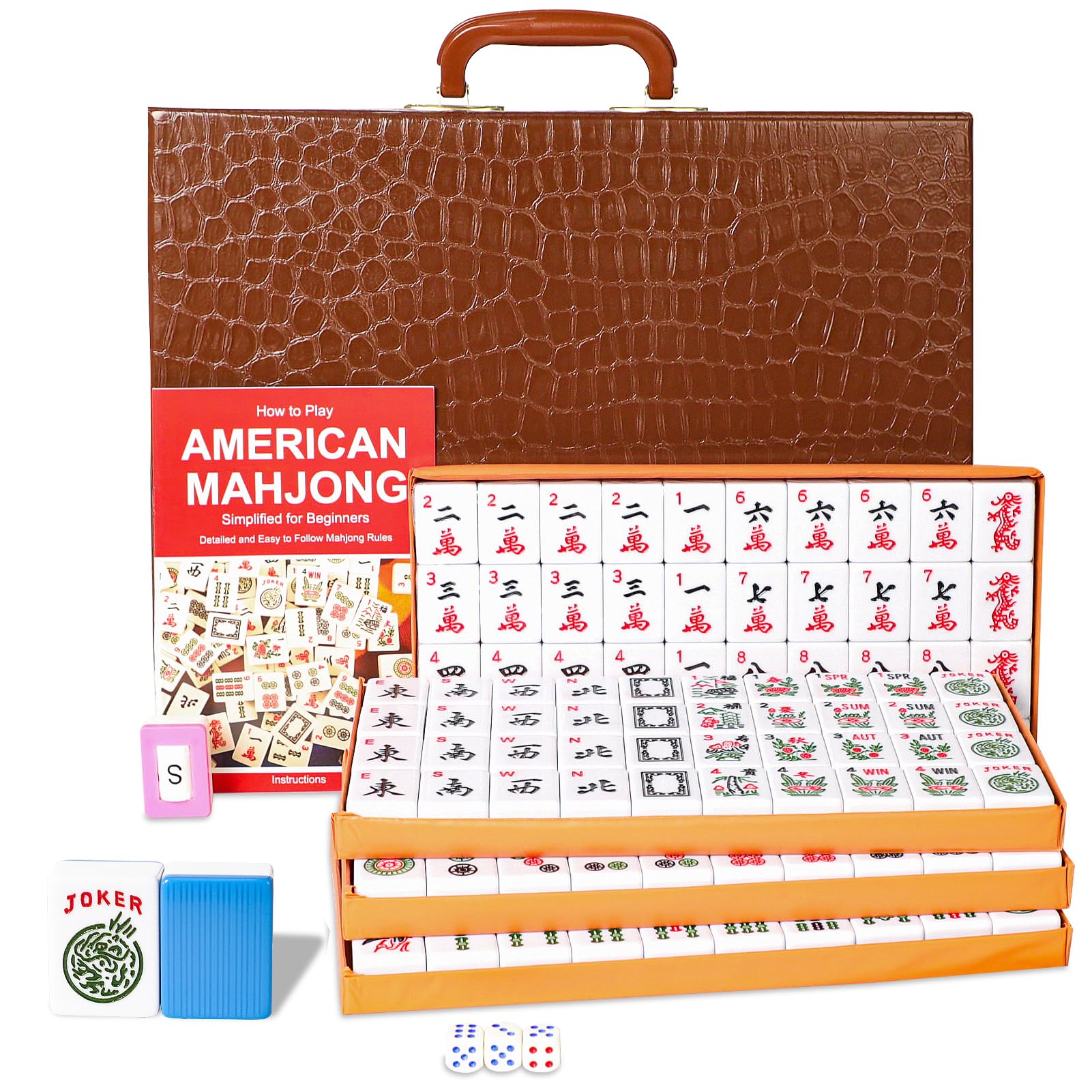 GUSTARIA American Mahjong Game Set Mahjong Tile Set with 166 Numbered Large Tiles (1.5" Blue) Mahjong Tiles Set with Brown Carrying Case (Mah Jongg Majiang)