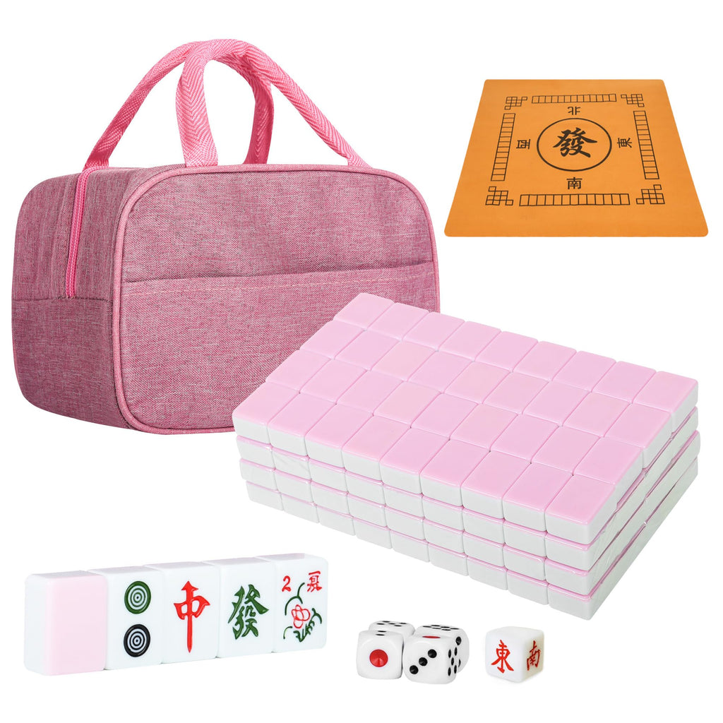 TWBTC Chinese Pink Small Travel Mahjong Sets 144 + 8 Blank Melamine Tiles 1.18"(30mm) Size with Portable Travel Handbag Complete Mahjong Game Set - (Mah Jong Mahjong 粉色中国麻将)